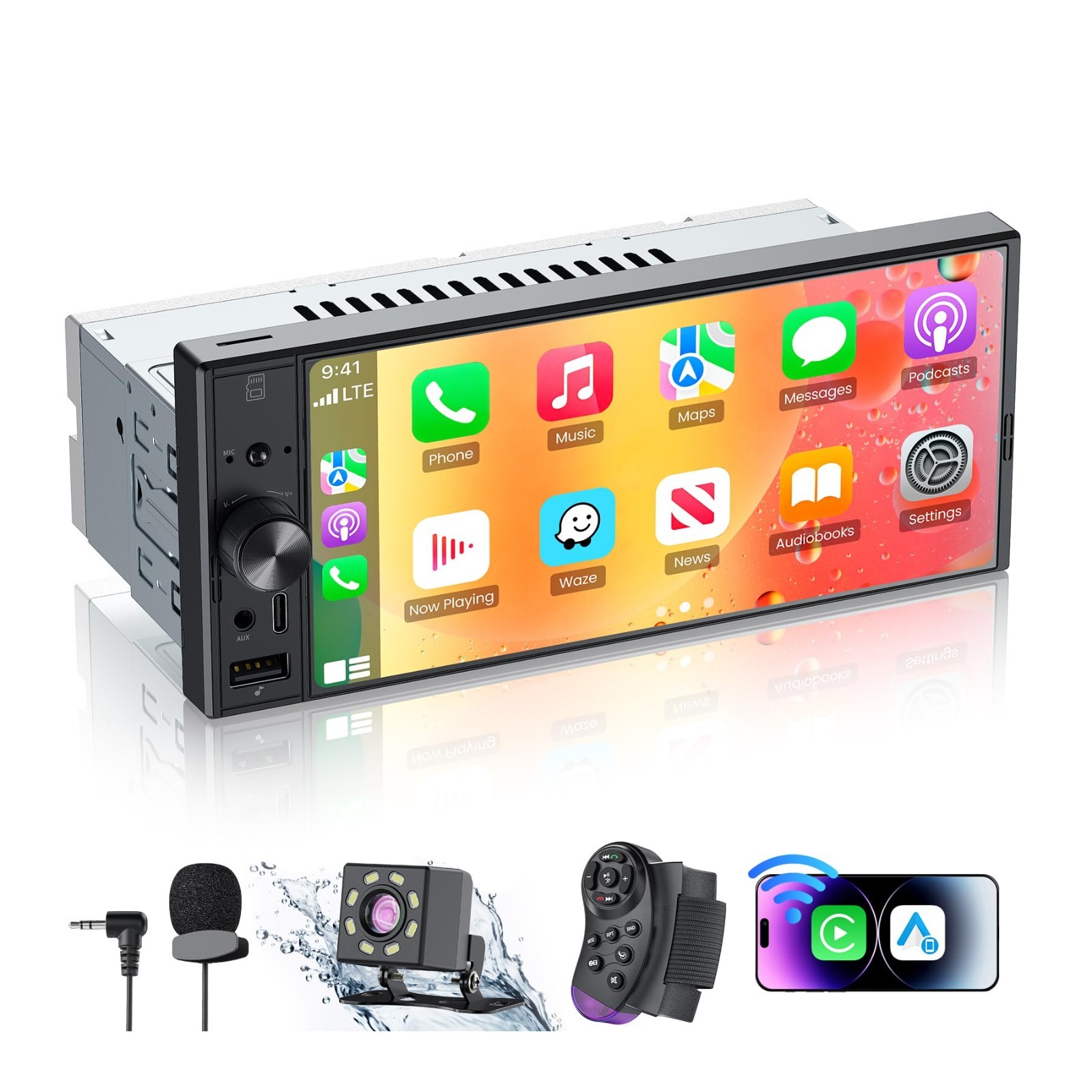 6.9″ Single Din Car Stereo with Apple CarPlay, Android Auto, Bluetooth 5.3, 1080