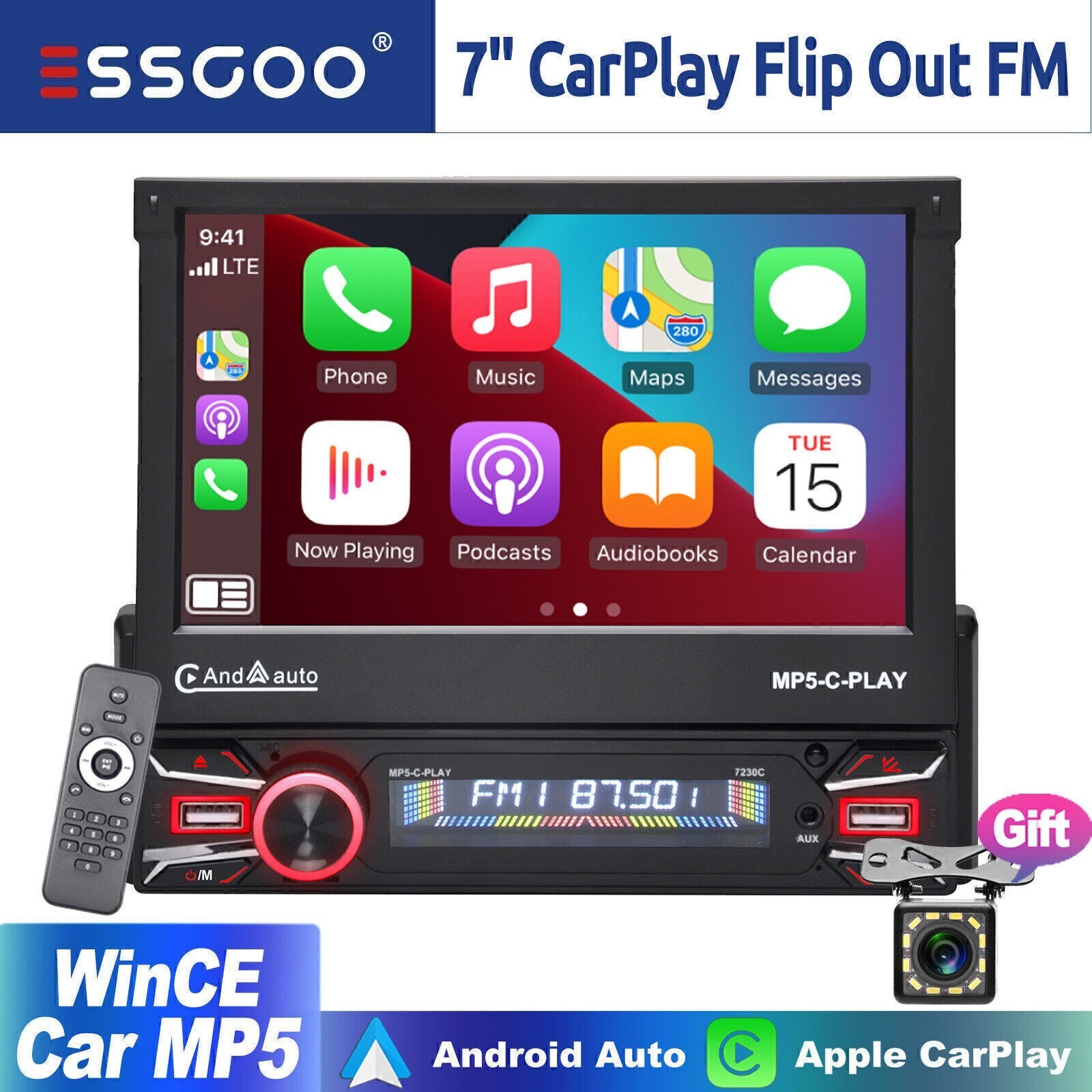 7″ Flip Out Single 1DIN Car Stereo CarPlay Android Auto Touch Screen Mirror Link