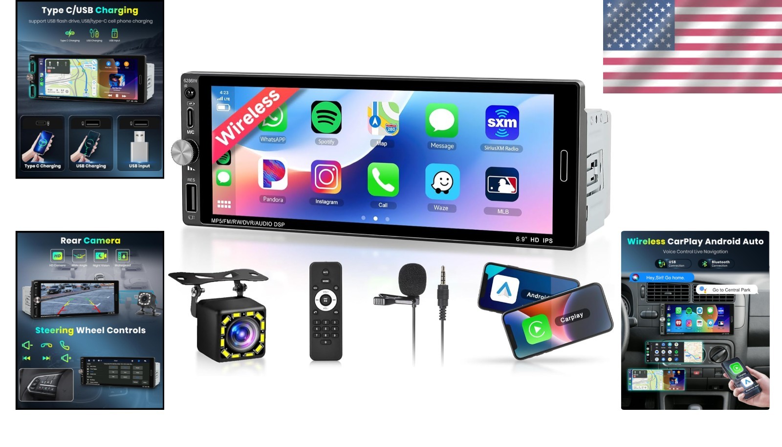 Single Din Car Stereo 6.9in Touch Screen Wireless Carplay Android Auto Bluetooth
