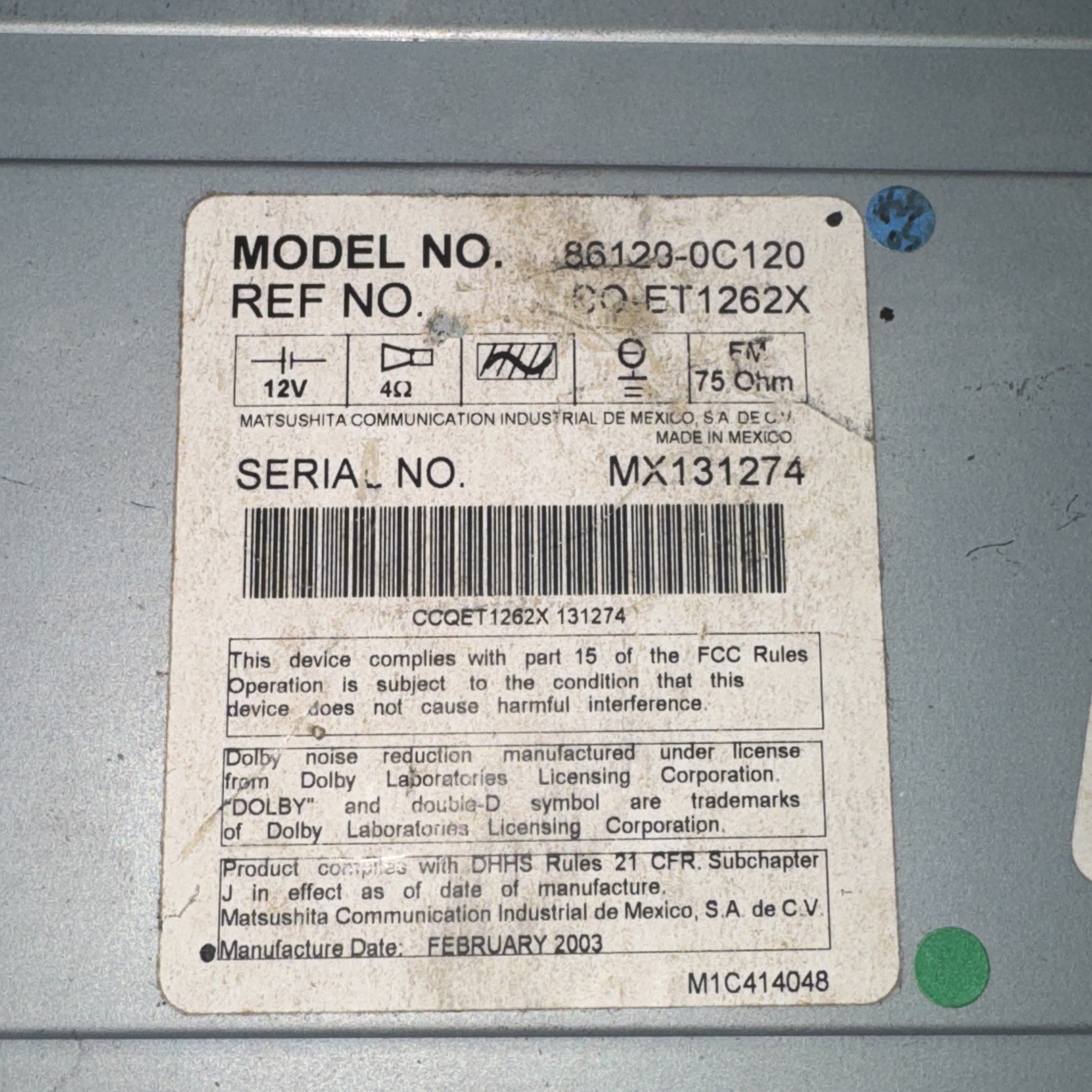 Toyota Factory Radio, Model 86120-OC120 Untested