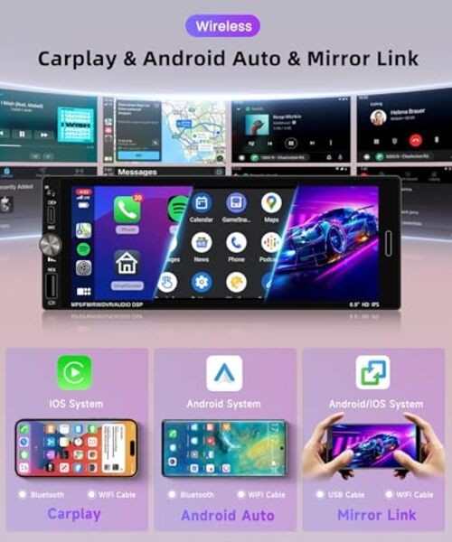 Car Stereo Single Din Wireless Carplay 6.9 inch Wireless Carplay Android auto