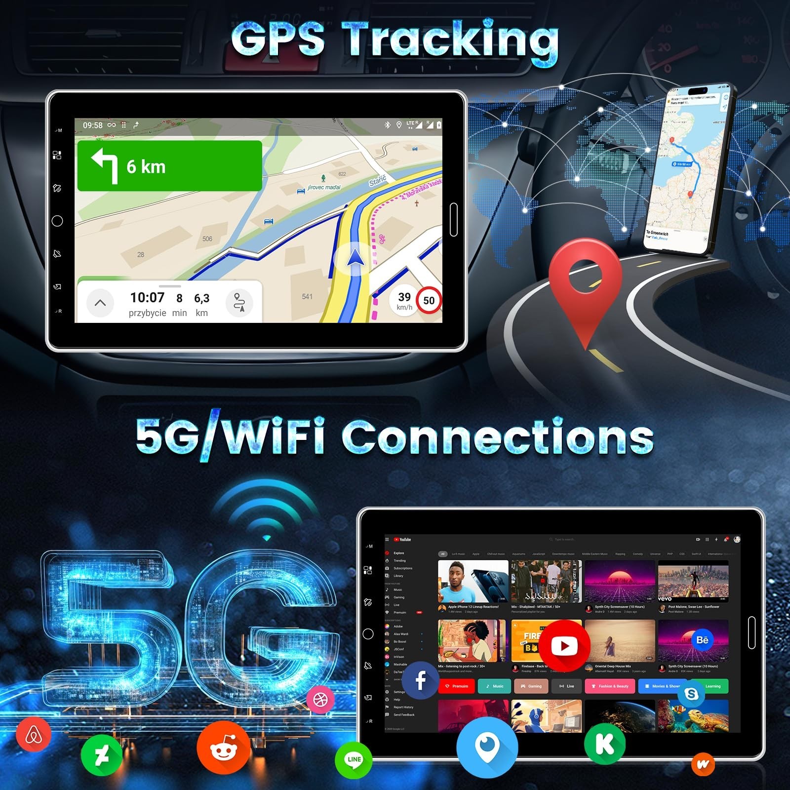 10.1” Android Single Din Car Stereo – 1280×720 Touchscreen, Wireless Carplay, G