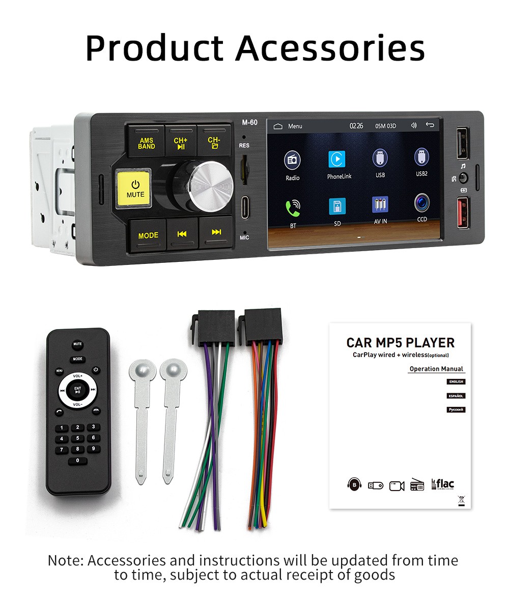 Type-C Mirror Link Bluetooth FM60 4.1in 1DIN Carplay Car Stereo Radio MP5