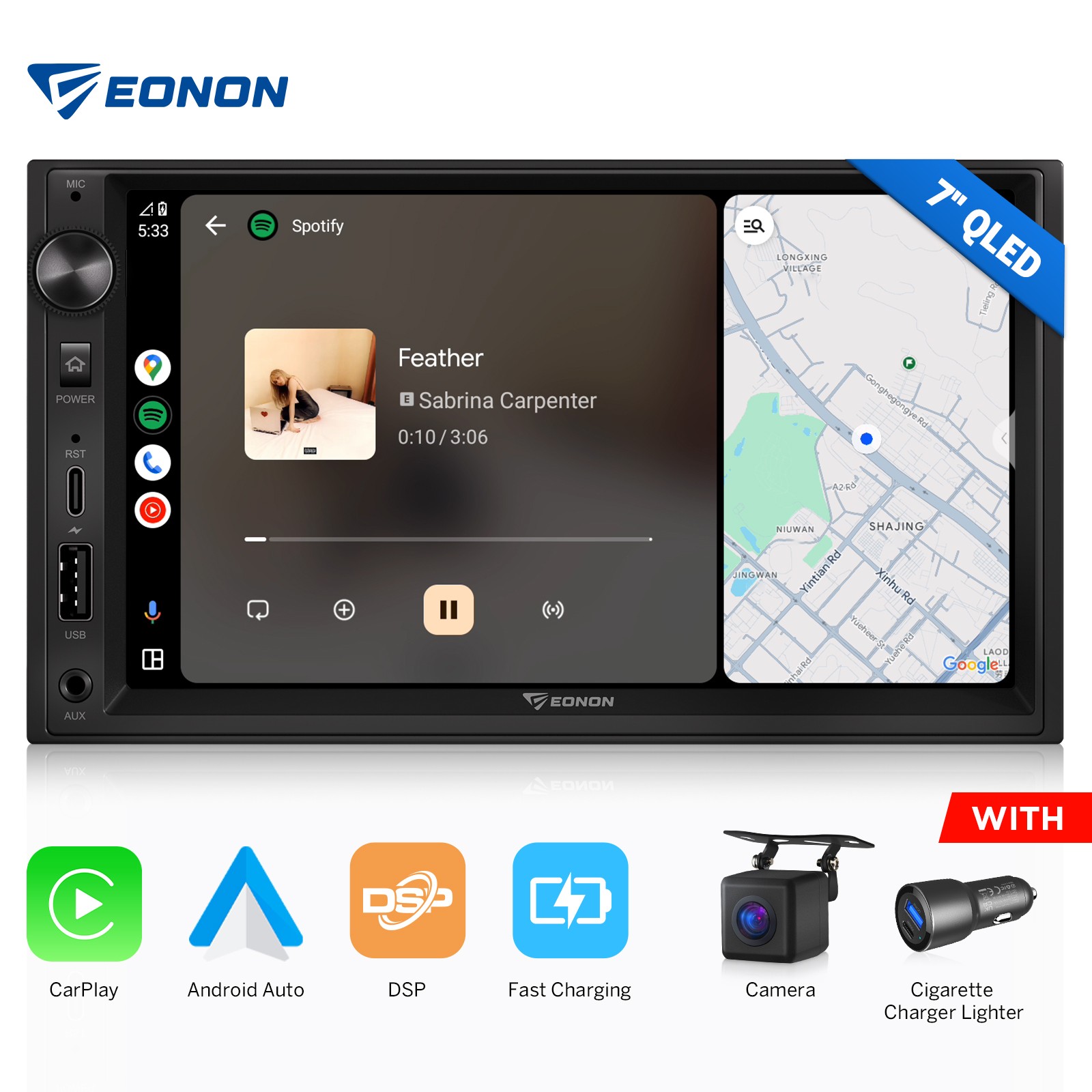 Android Auto 7″ QLED Double DIN Car Stereo Radio Wireless CarPlay GPS Navigation