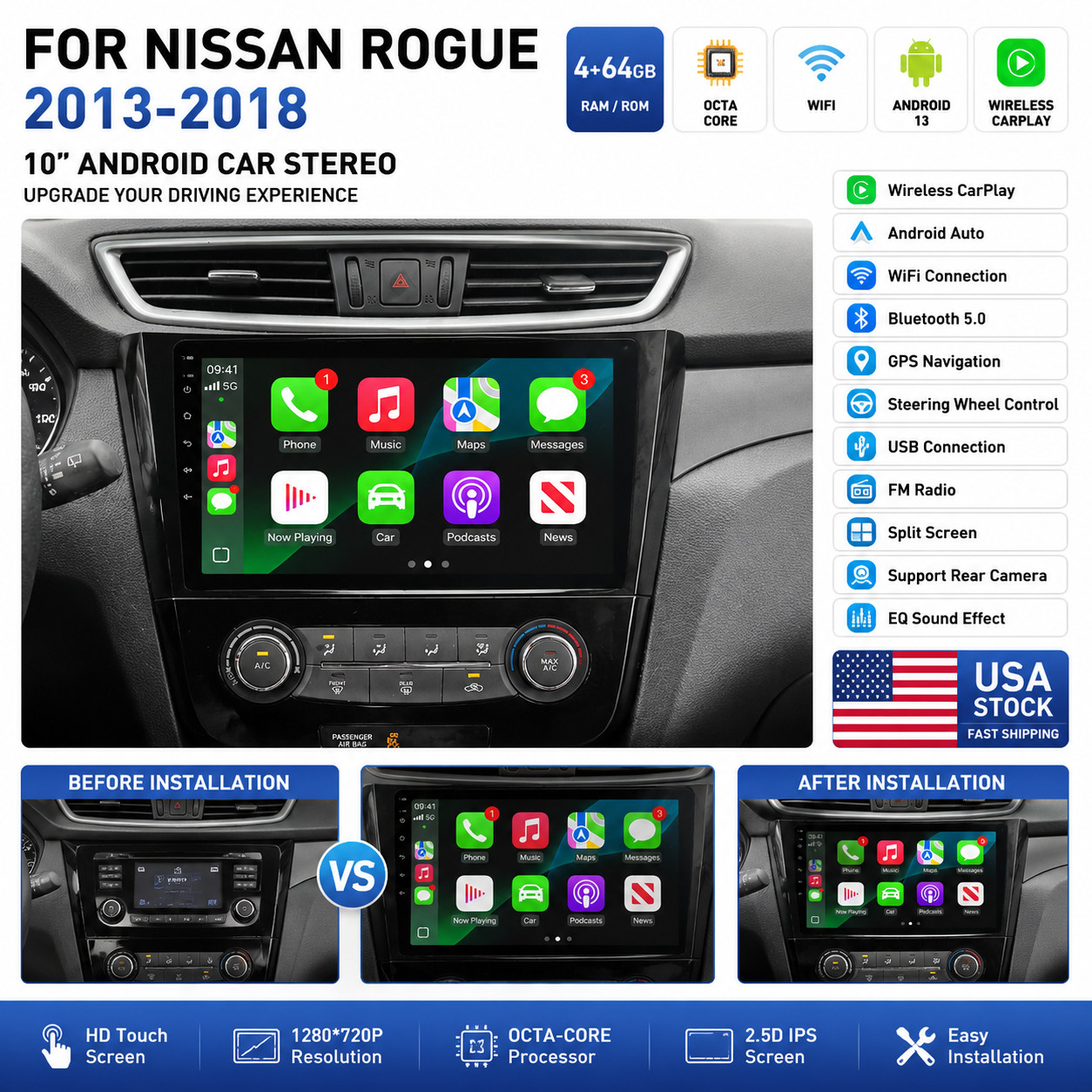 Car Radio Stereo Carplay For 2014-2017 Nissan X-Trail 4+64G 10in Cam Android 15