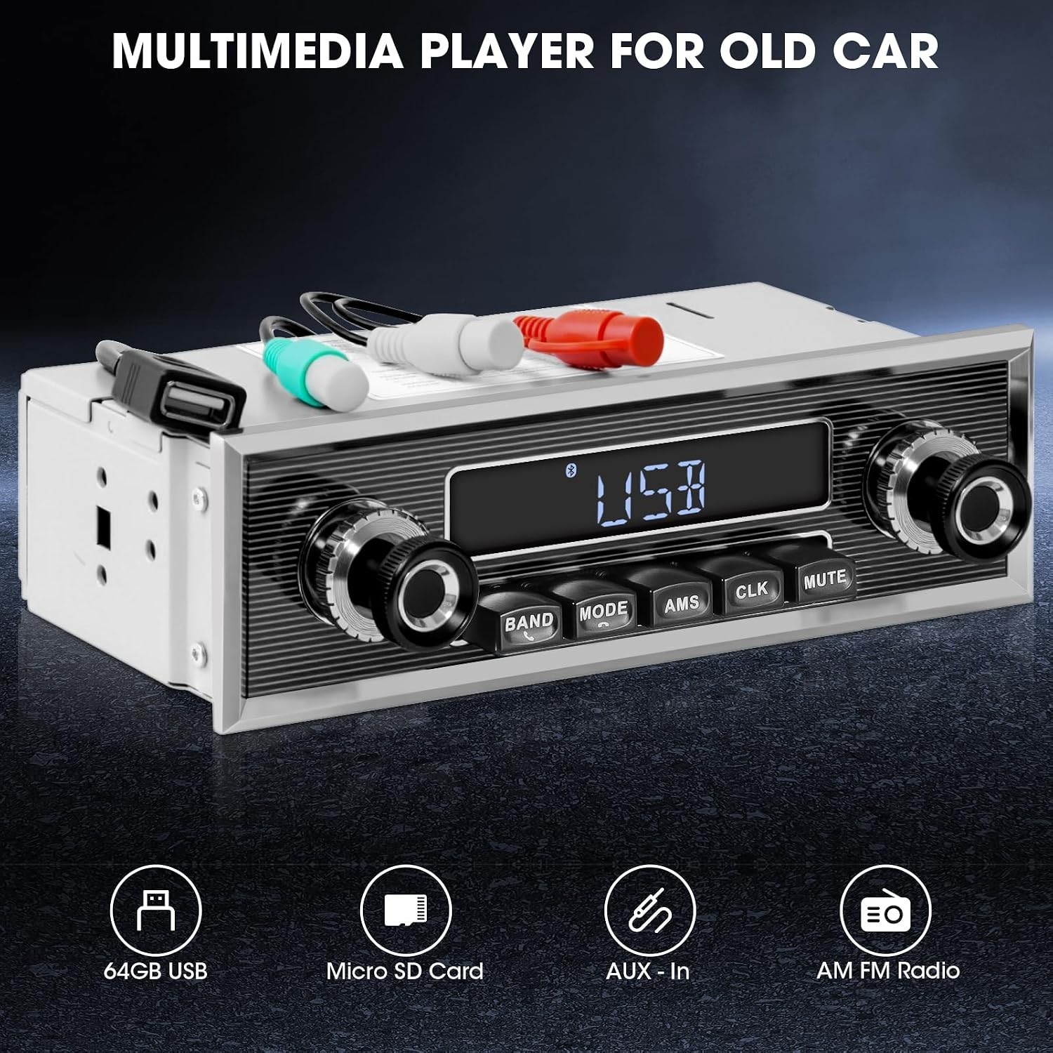 Car Radio Bluetooth 5.3 4 Channel 300W Power Vintage Single Din FM USB AUX