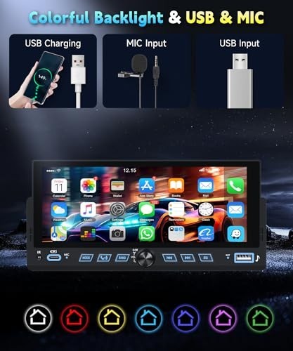 Single Din Car Stereo with Carplay & Android Auto, 6.86″ Touchscreen, Bluetooth