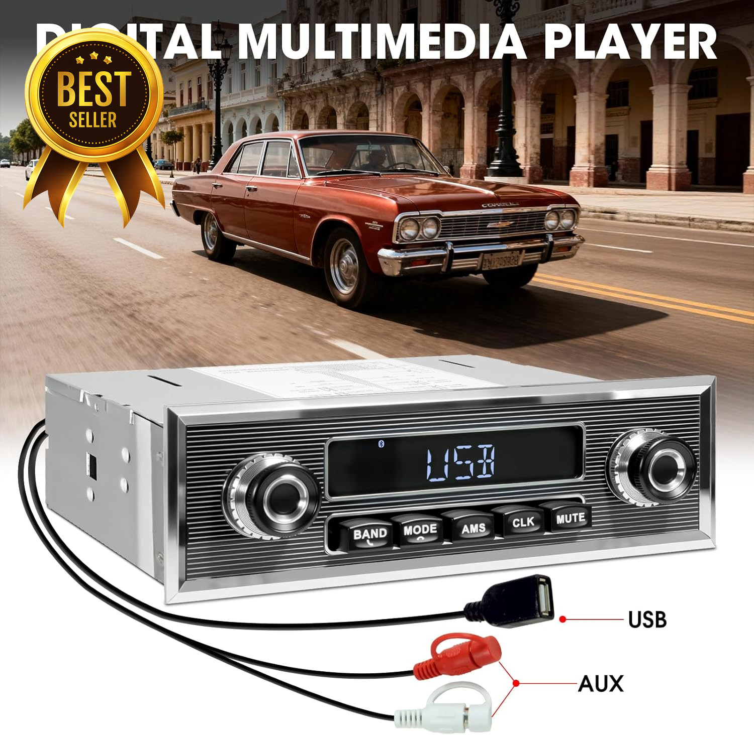 Retro Single Din Car Stereo Bluetooth AM FM USB AUX Vintage Radio Receiver