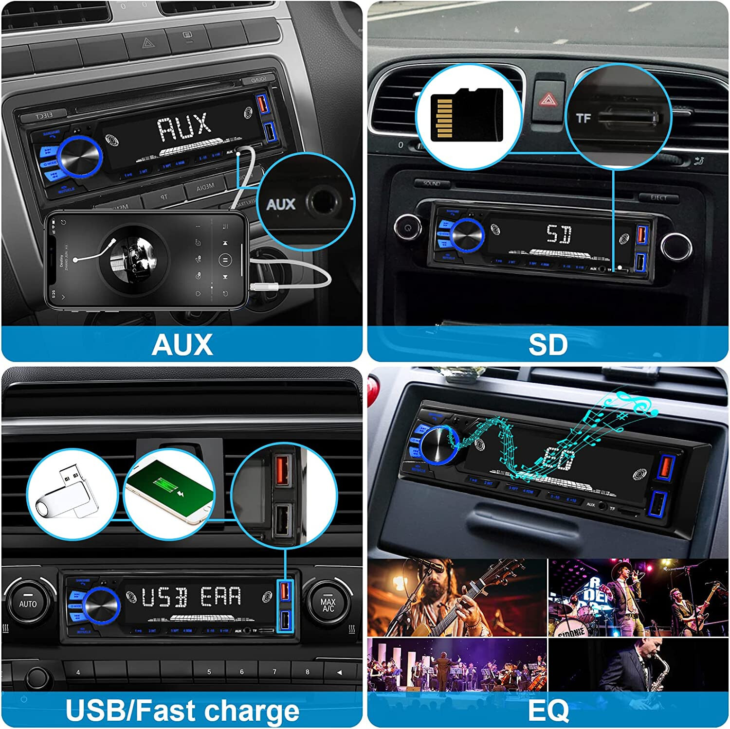 Bluetooth Handsfree FM Quick Charge DUAL USB TF AUX MP3 1-DIN Car Stereo Player