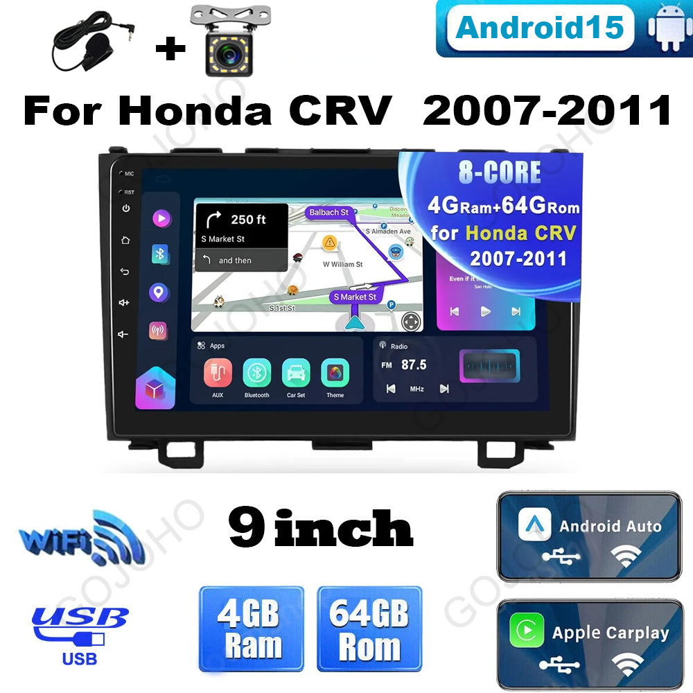 9″ FOR HONDA CRV 2007-2011 WIRELESS CARPLAY ANDROID 15 CAR STEREO RADIO GPS 64GB