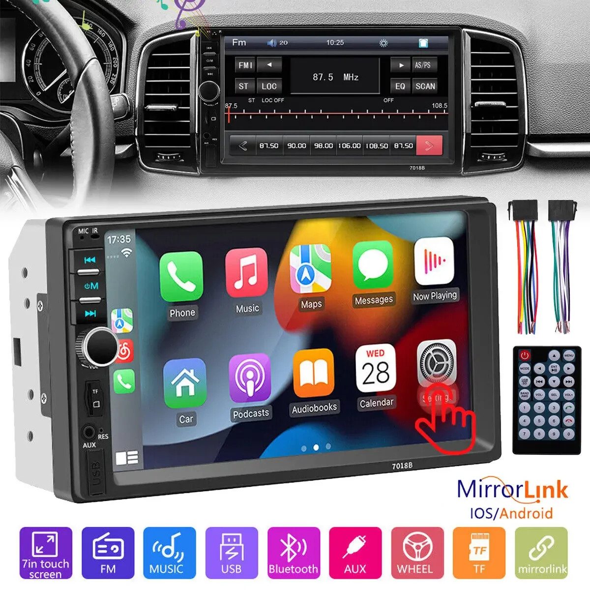 Universal 7″ 2 DIN Car Stereo Bluetooth MP5 FM Radio Mirror Link USB AUX