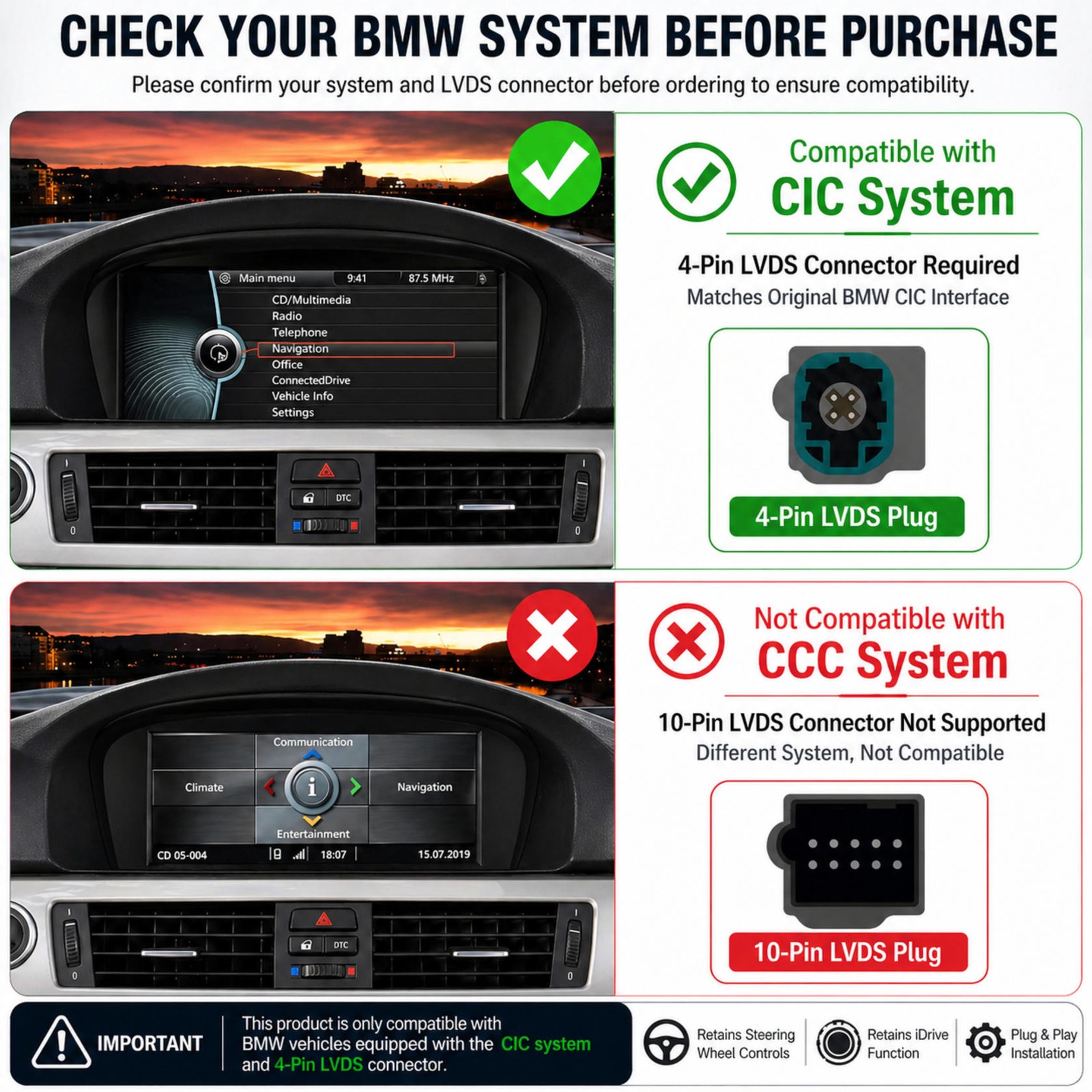 8.8″ Linux Wireless CarPlay Android Auto Screen BMW E90 E60 E63 CIC 2009-2013