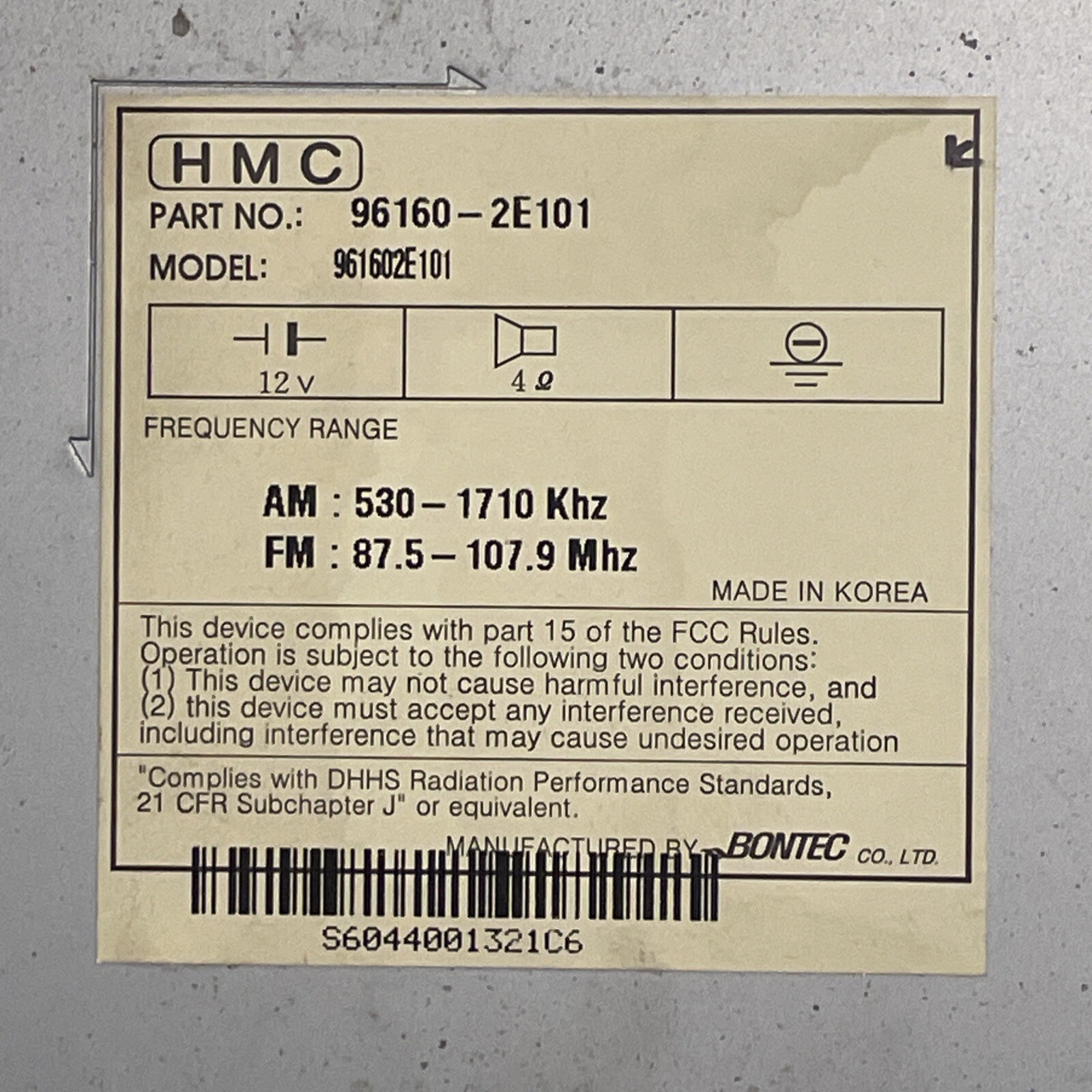 2005-2006 Hyundai Tucson AM FM Radio Receiver Single Disc CD Player 96160-2E101
