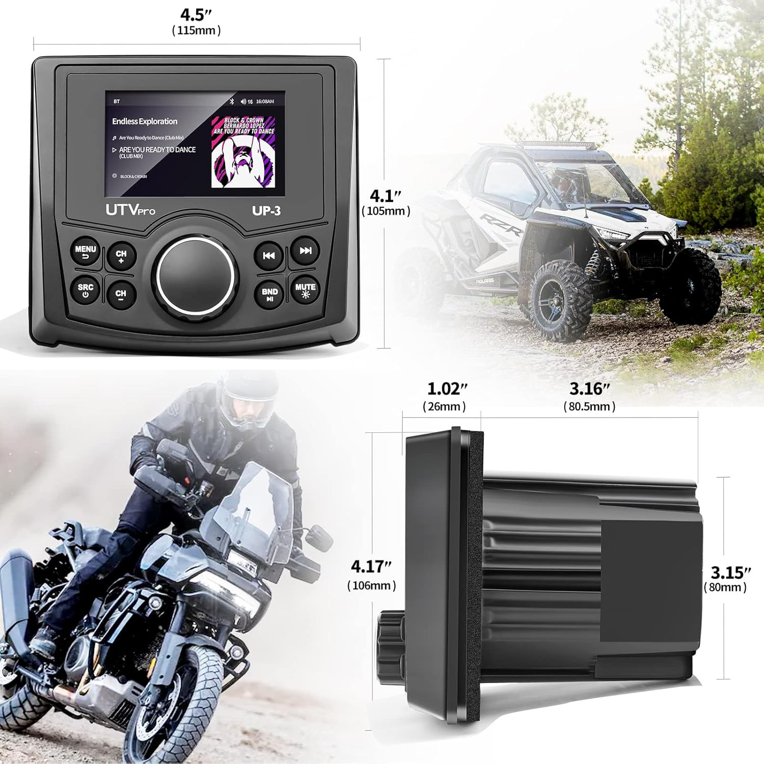 Powersports UTV Stereo AM/FM with Bluetooth Streaming 3 Zone, Compatible to Rear