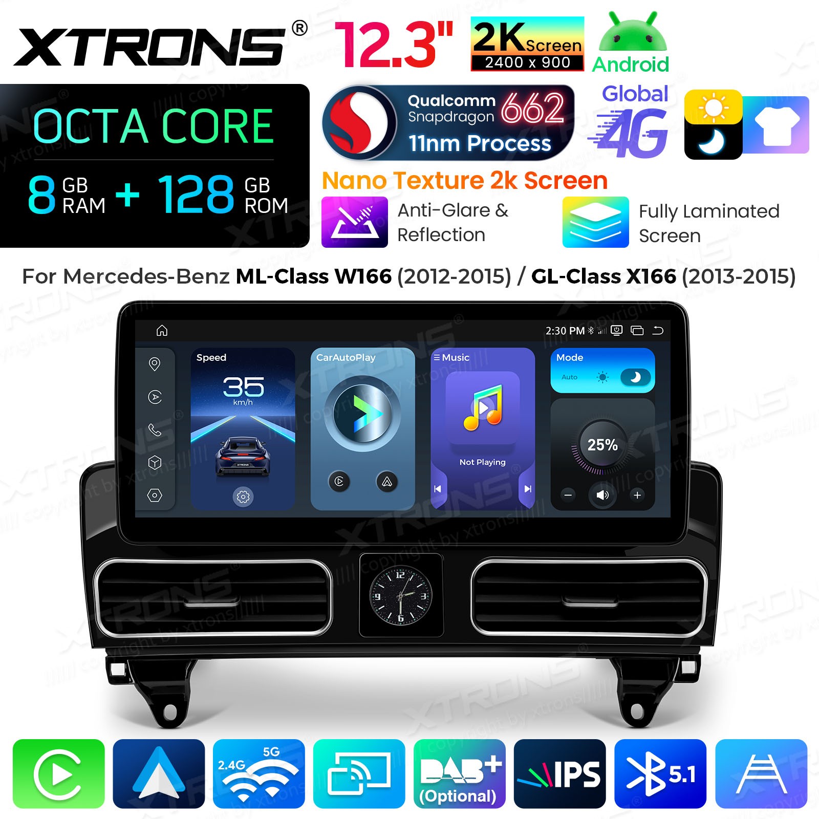 12.3″ Android 14 GPS Navigation for Mercedes ML W166 GL X166 8GB 128GB 2K Screen