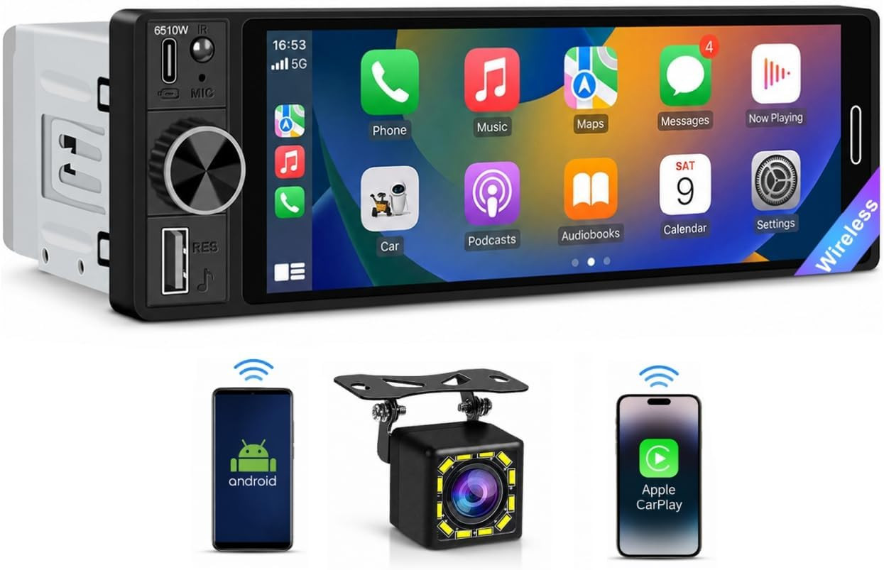 6.5″ Wireless Single Din Car Stereo with Apple Carplay, 720X1280 HD In-Cell Touc
