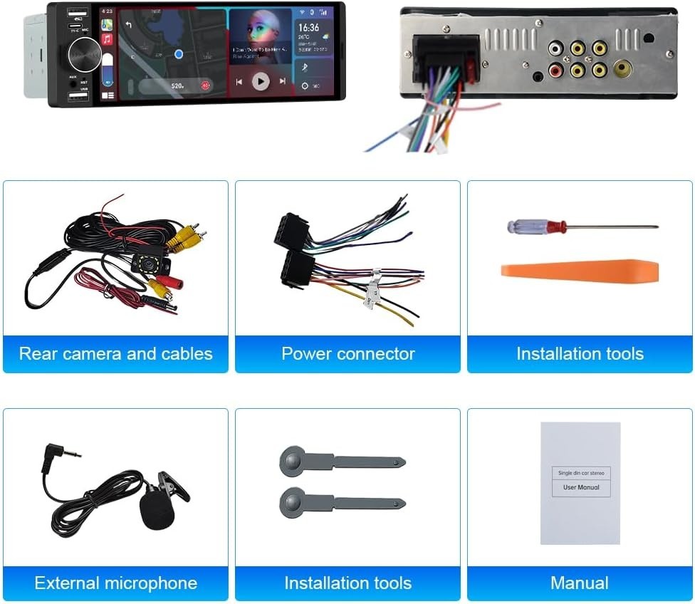 Single Din Car Stereo Universal, 6.36 Inch CarPlay & Android Auto IPS Touchsc…