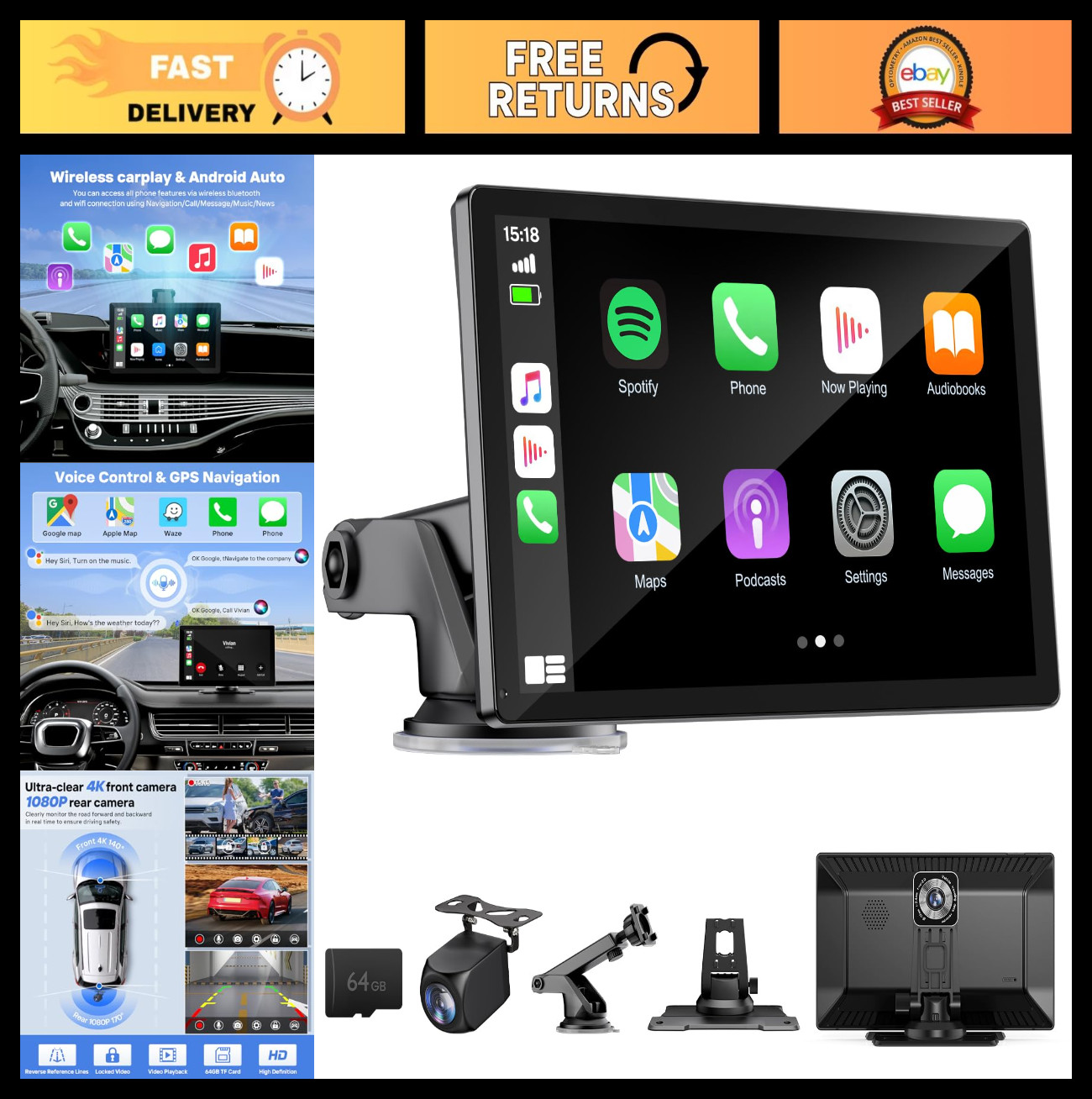 9″ Wireless CarPlay Screen with 4K Dash Cam, 1080p Backup Camera, GPS, Bluetooth