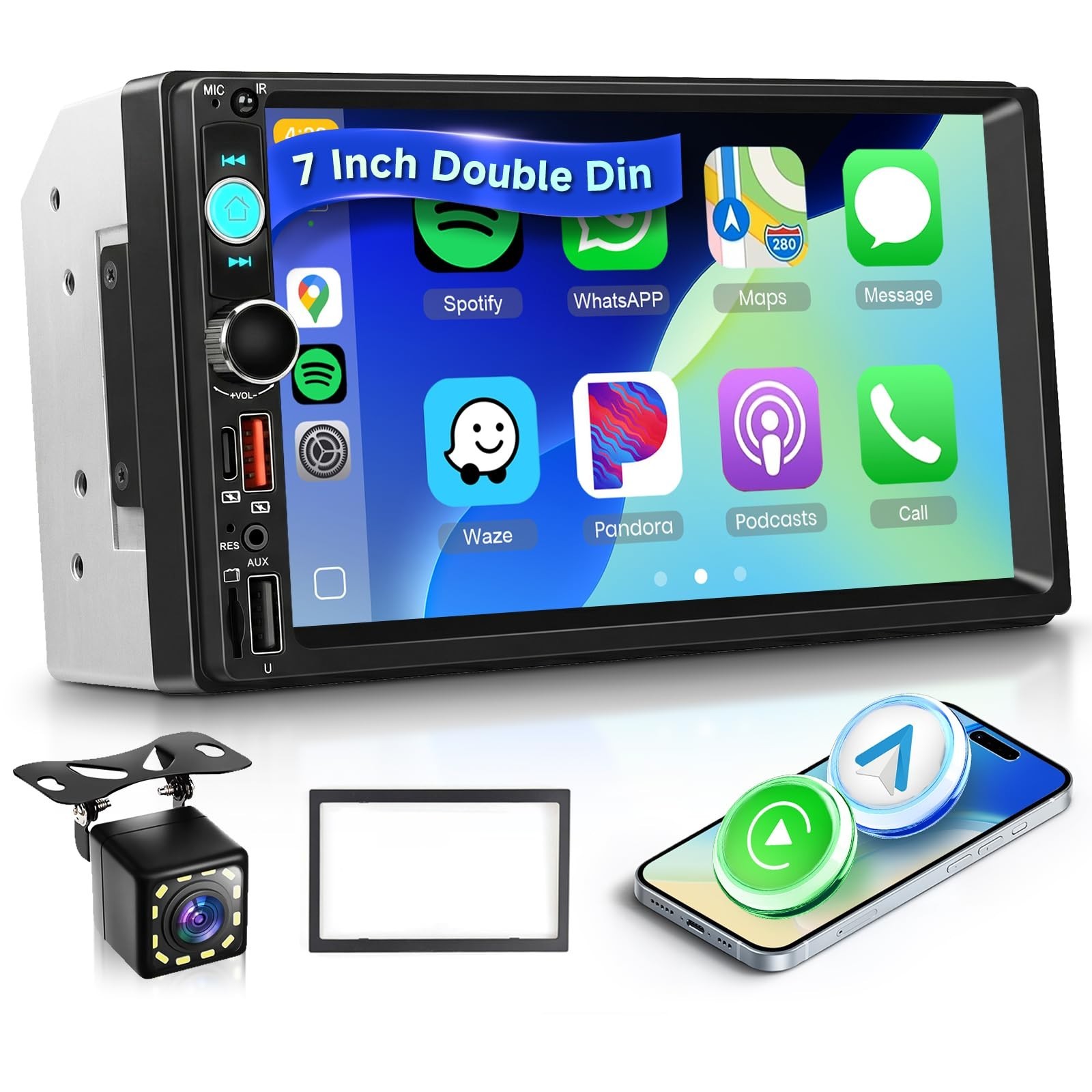 7″ Double Din Car Stereo, Wireless CarPlay/Android Auto, Bluetooth 5.2, FM Radio