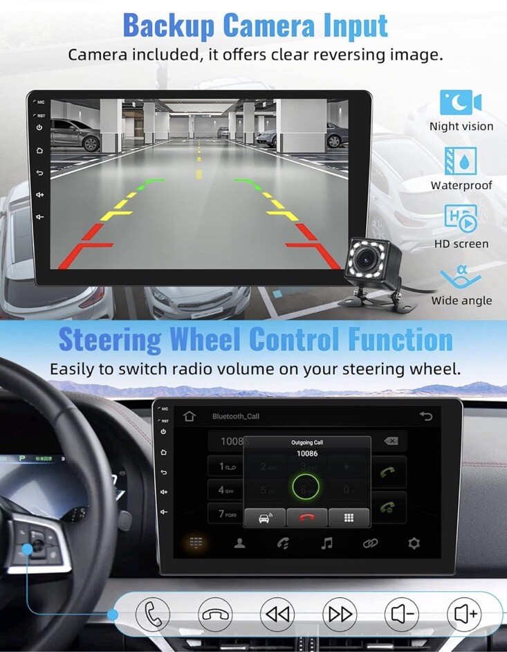 Android Car Stereo 10.1 Single Din 2+32GB Backup Camera Mirror Link Auto QLED