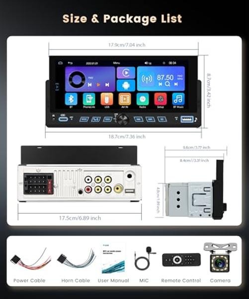 Single DIN Car StereoWireless Carplay Android Auto – 6.86-Inch Touch Screen Car