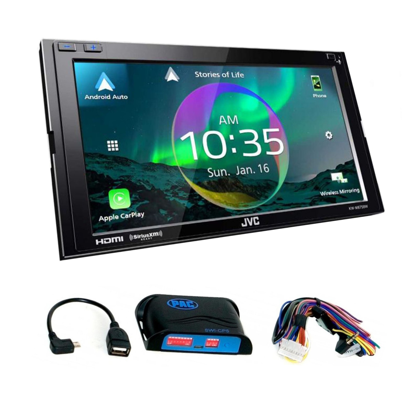 JVC KW-M875BW CarPlay/Android Auto Receiver, BT, High Res Audio, PAC SWI-CP5