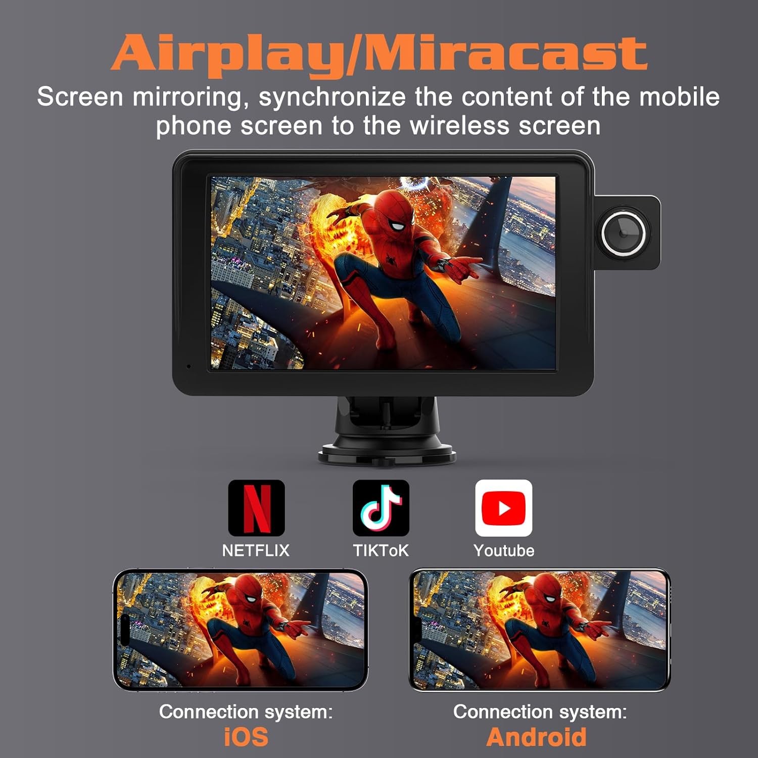 7″ Apple Carplay Screen for car, Wireless Apple Car Play Touchscreen with Androi