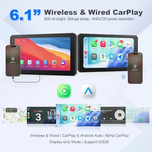 6.1 Inch Portable Car Screen, Wireless & Wired CarPlay Android Auto, 1080P