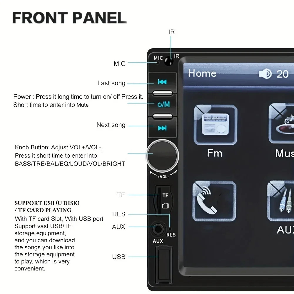 7 Inch 2 Din Car Stereo Featuring a Backup Camera MP5 Media Player Touch Screen