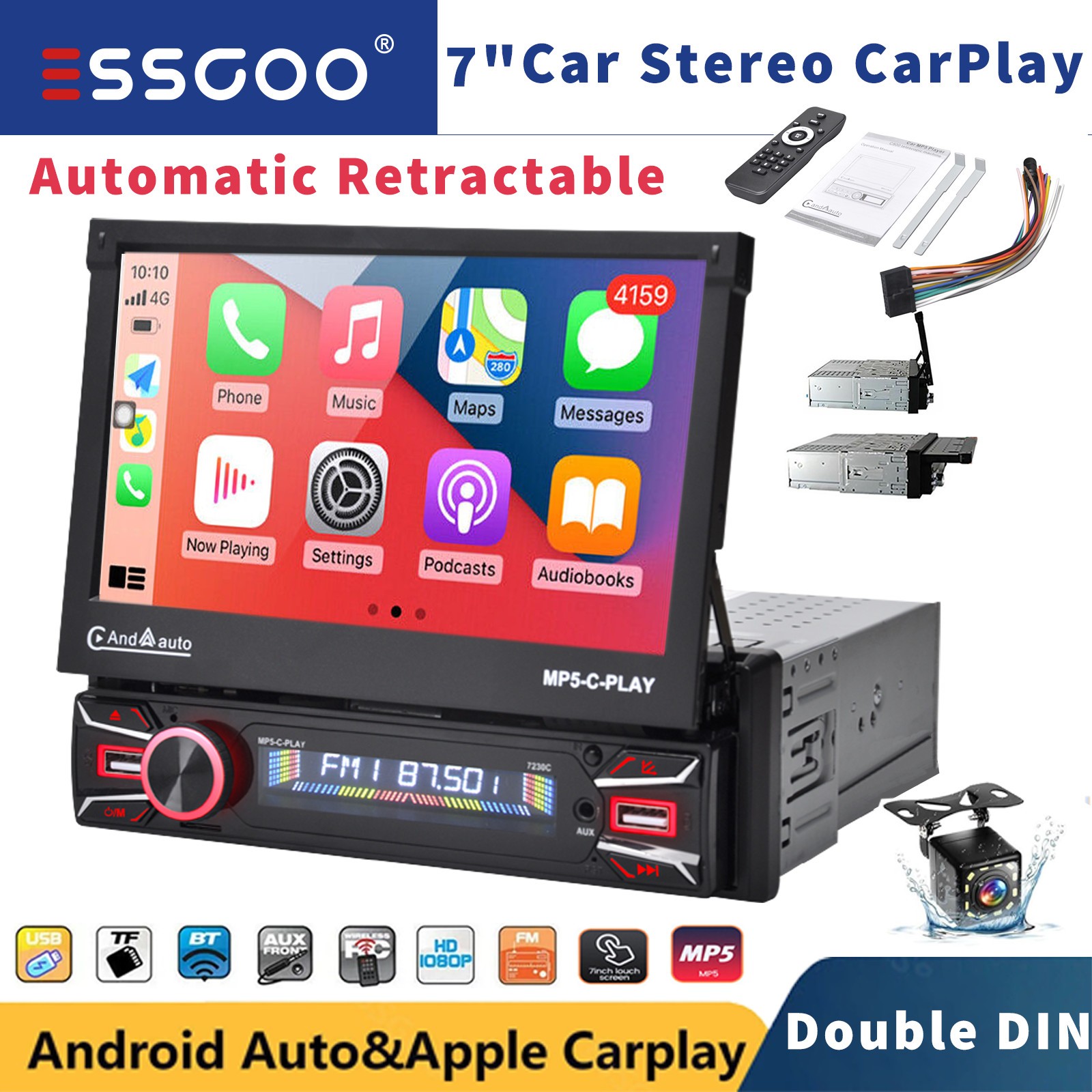7” Automatic Car Stereo Single Din Radio Carplay Flip Out Touch Screen +Cam