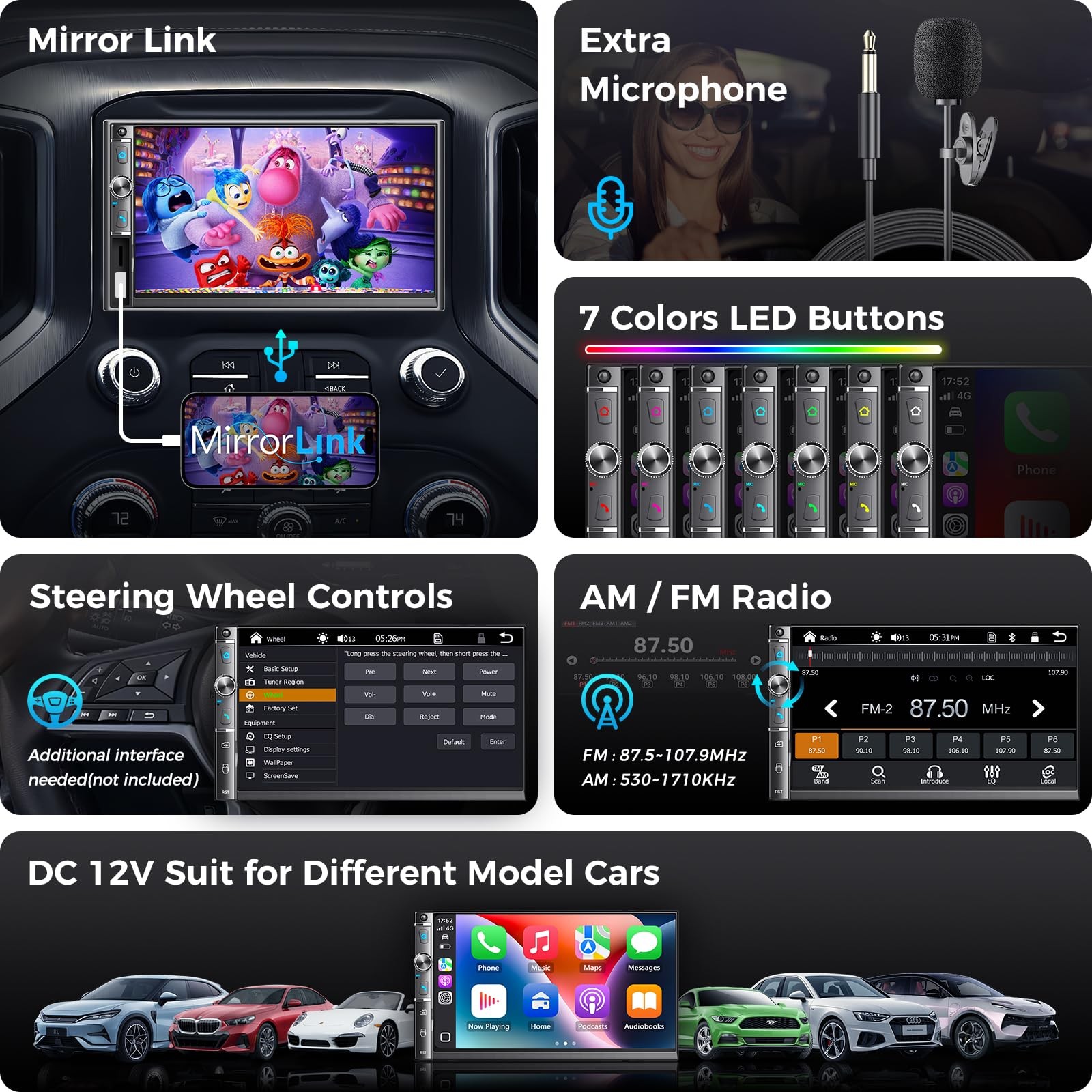 Kissound Double Din Car Stereo with 7″ HD Touchscreen, Wireless Apple