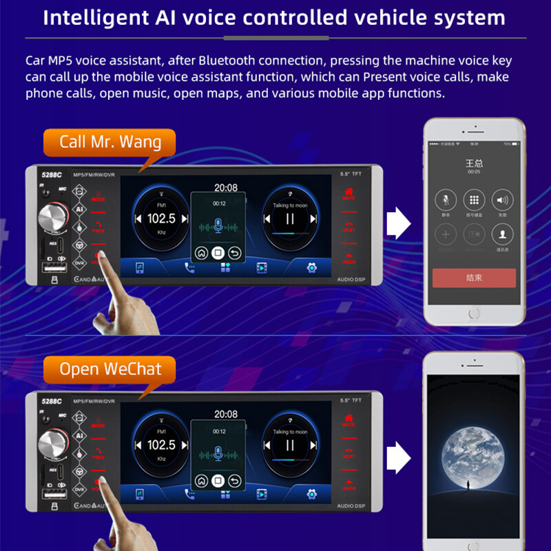5.5″ Single 1 DIN Car Stereo Radio Bluetooth Apple Carplay Touch Screen Voice/FM