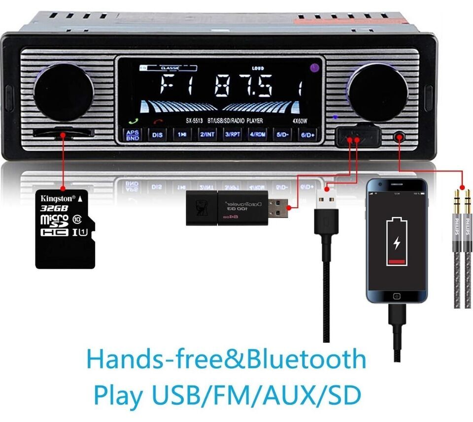 Bluetooth Vintage Car FM Radio MP3 Player USB Classic Stereo Audio Receiver AUX