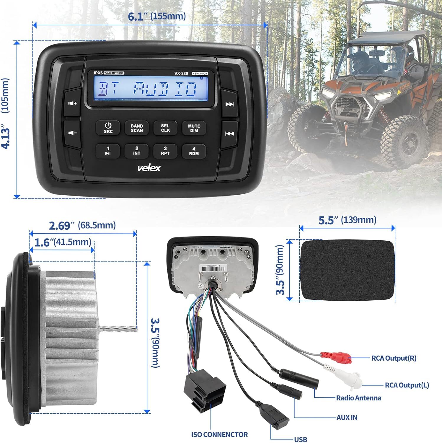 Velex Marine Bluetooth Streaming Stereo Radio AM FM Tuner 4-Channel x 45W
