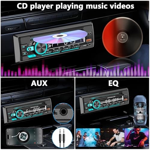 Single DIN CD/DVD Car Stereo with Bluetooth Hands-Free Calling, Push-to Black