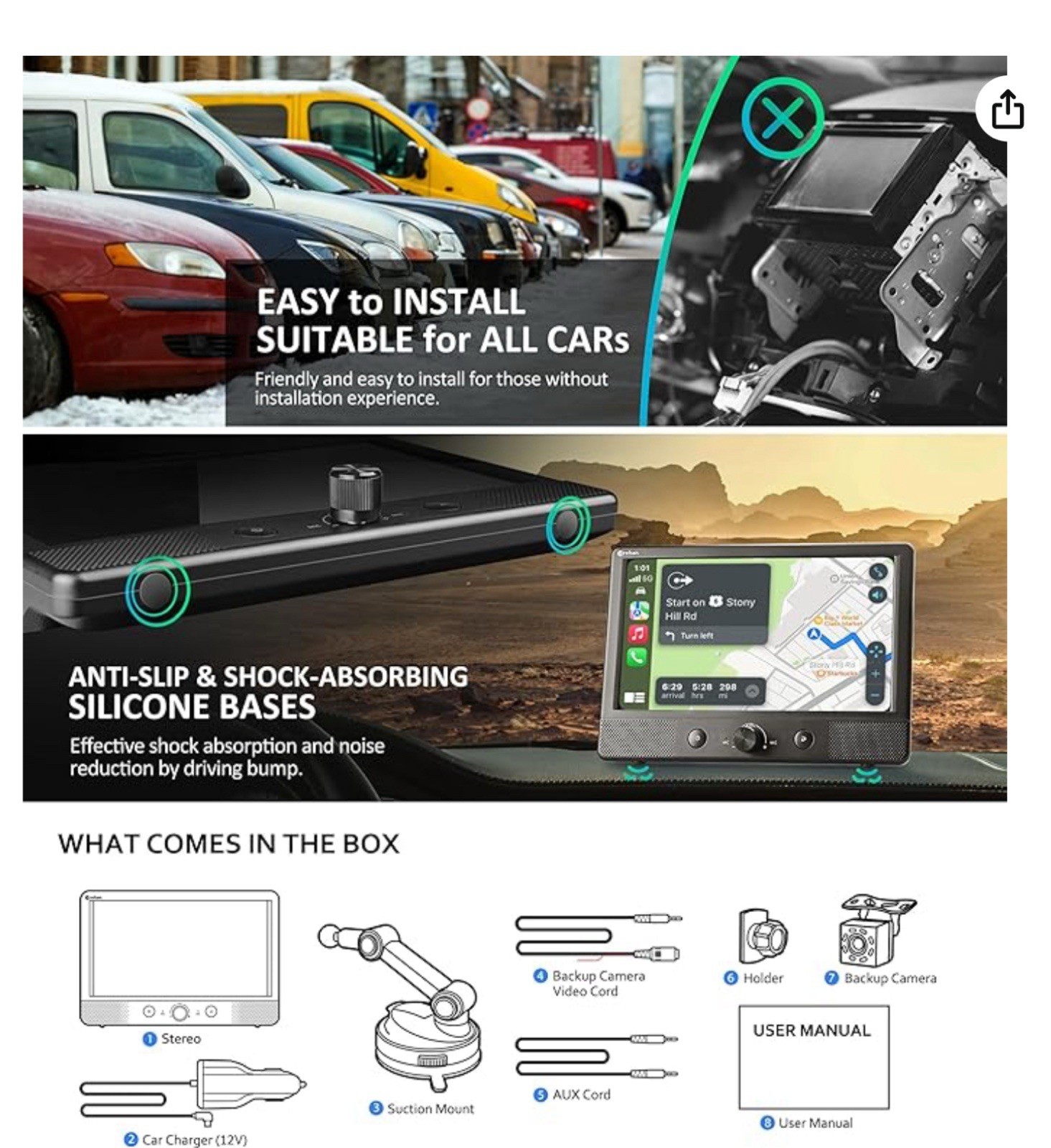 Bluetooth Car Stereo Touch Screen Wireless Apple Carplay Android Backup Cam 7”
