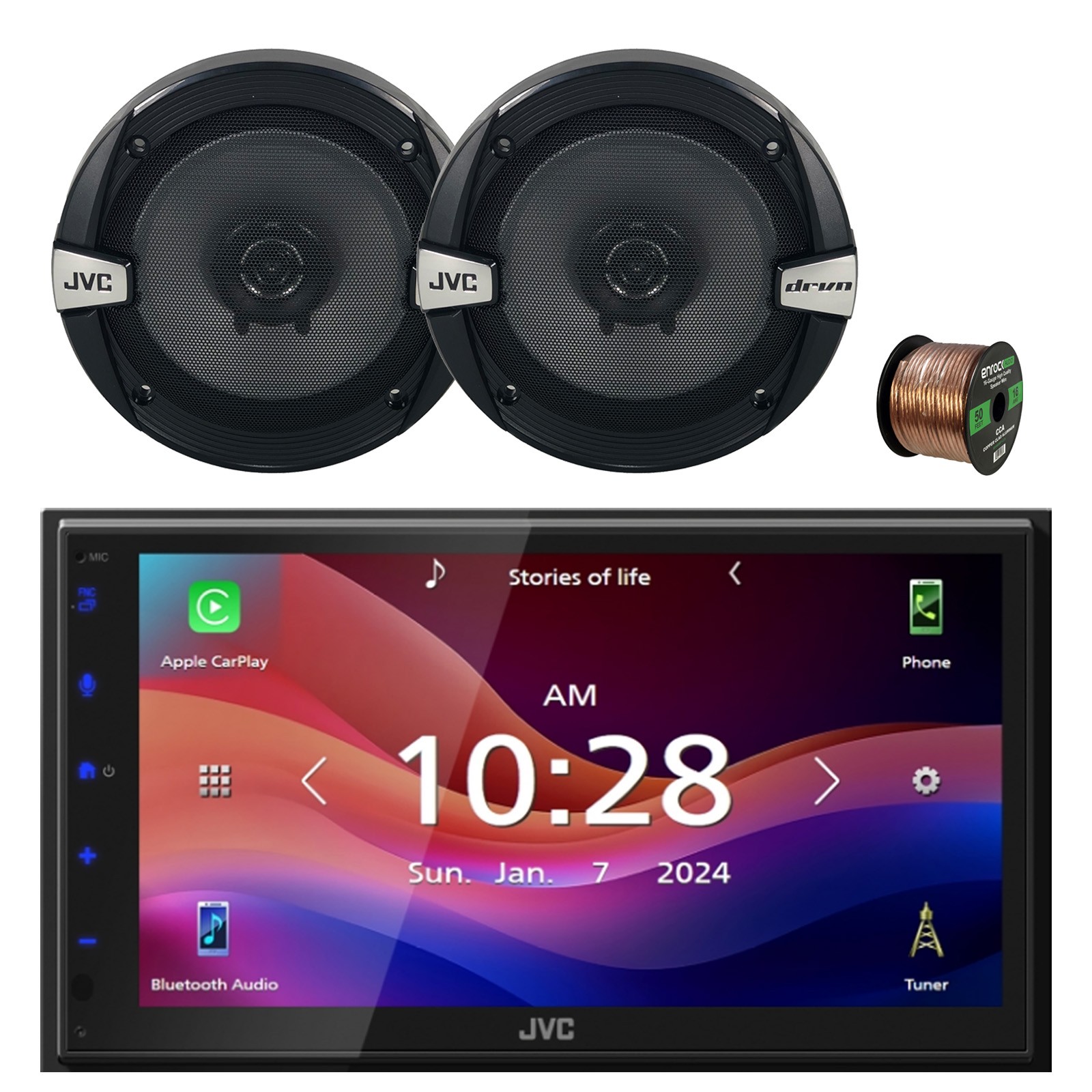 JVC KW-M695BW WiFi Bluetooth Stereo Receiver, 2x 6.5″ 300W Car Speakers w/Wire