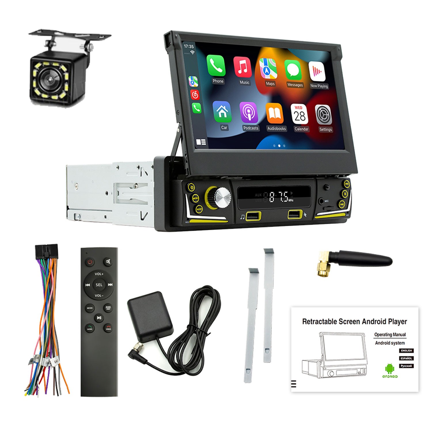 7” Single Din Android 15 Retractable Screen Car Radio GPS WIFI Carplay + Remote