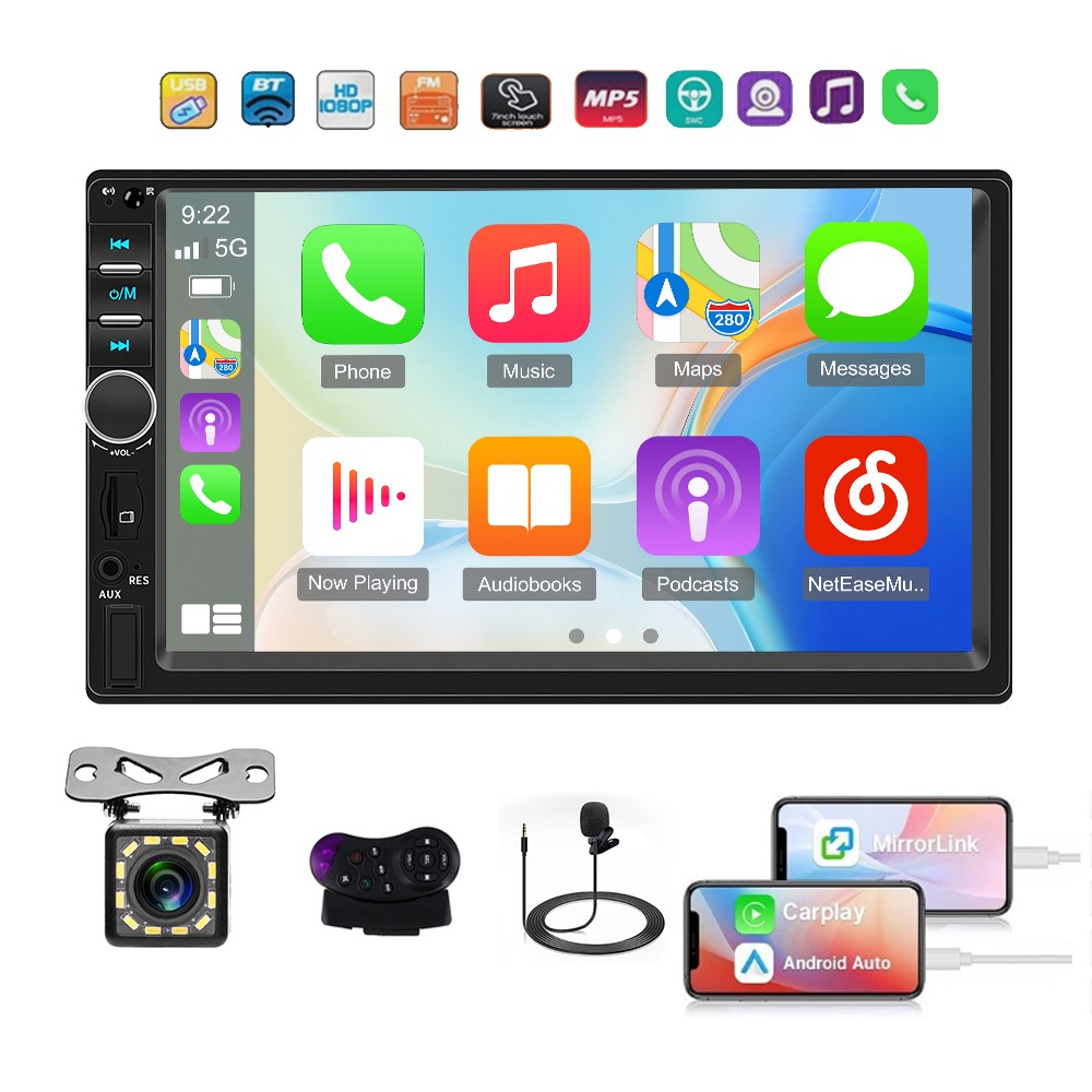 Double Din Apple Carplay Android Auto Car Stereo Radio Bluetooth 7″ Touch Screen