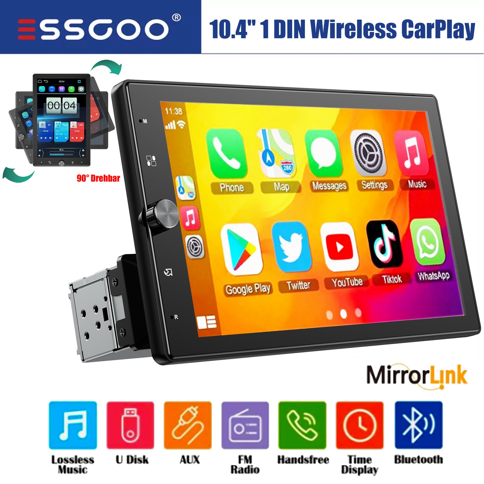 Apple CarPlay 10.4″ Single DIN Car Stereo Rotatable Touch Screen USB AUX TF FM