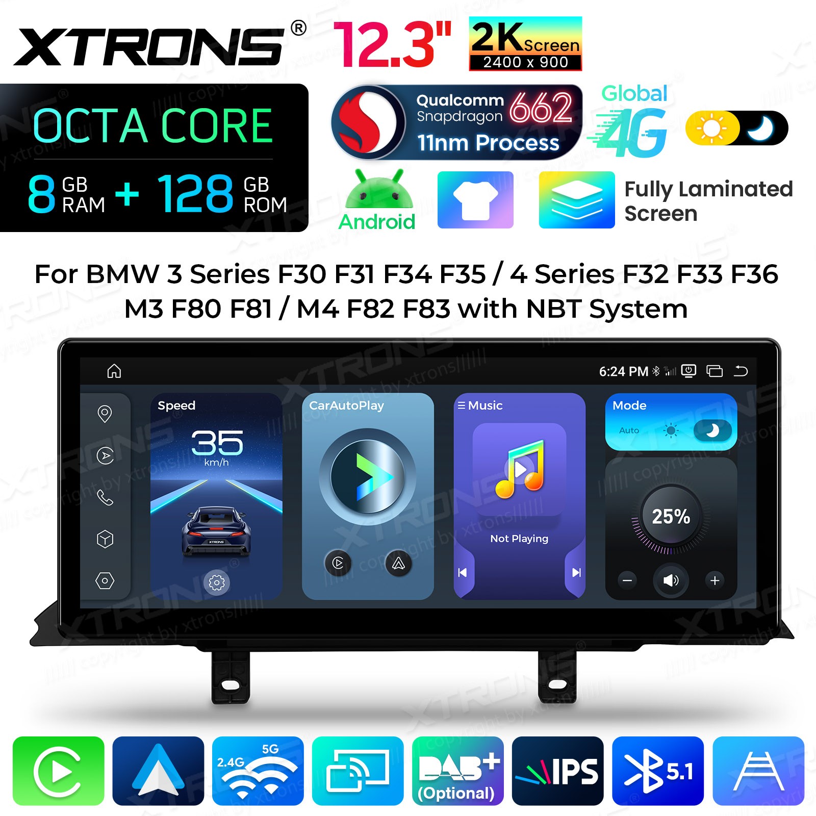 For BMW F30 F31 F32 F33 F36 Android Navigation 12.3″ Screen 2K IPS 8G 128GB WiFi