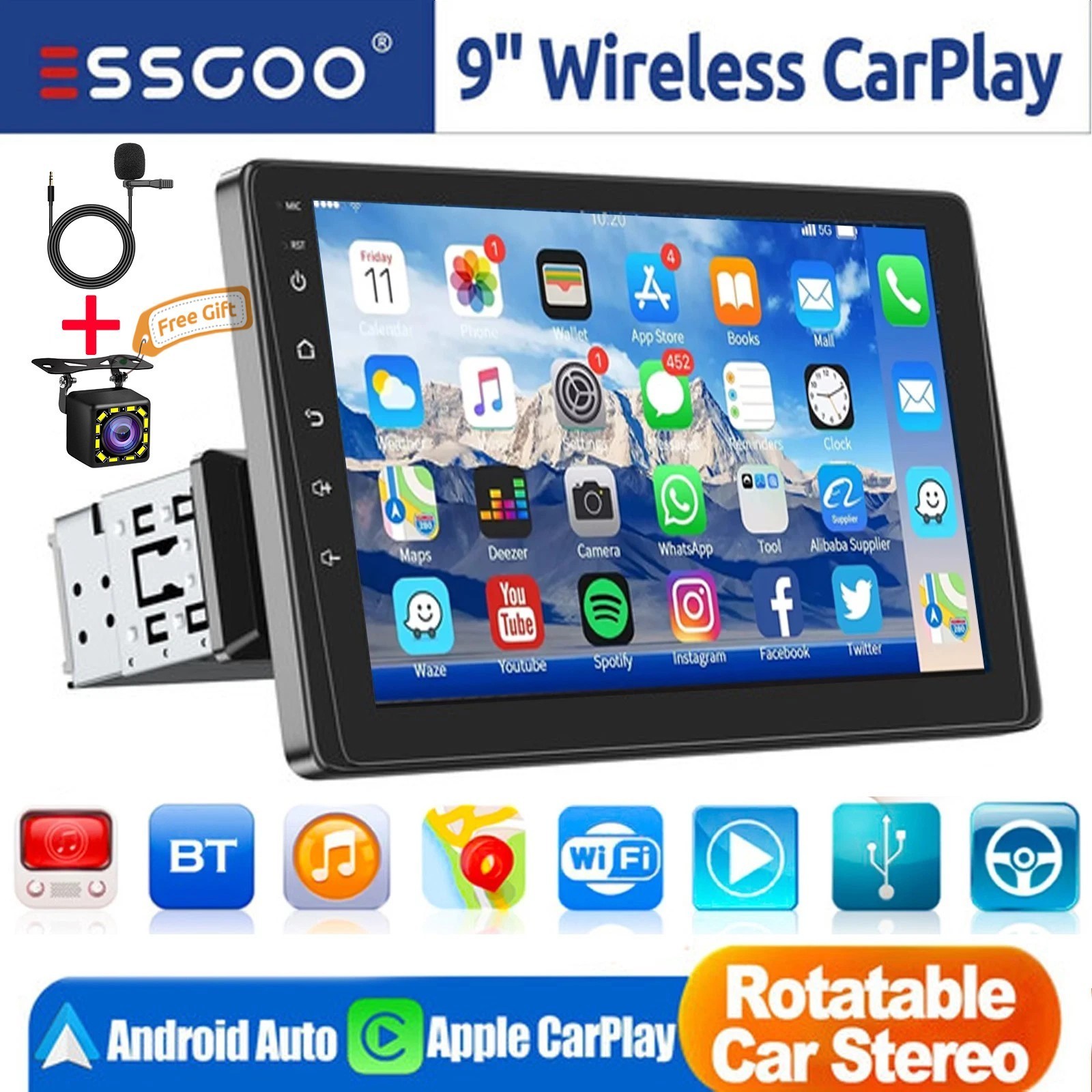 9″ Single 1 DIN Apple CarPlay Car Stereo Radio Touch Screen Bluetooth +CAM&MIC