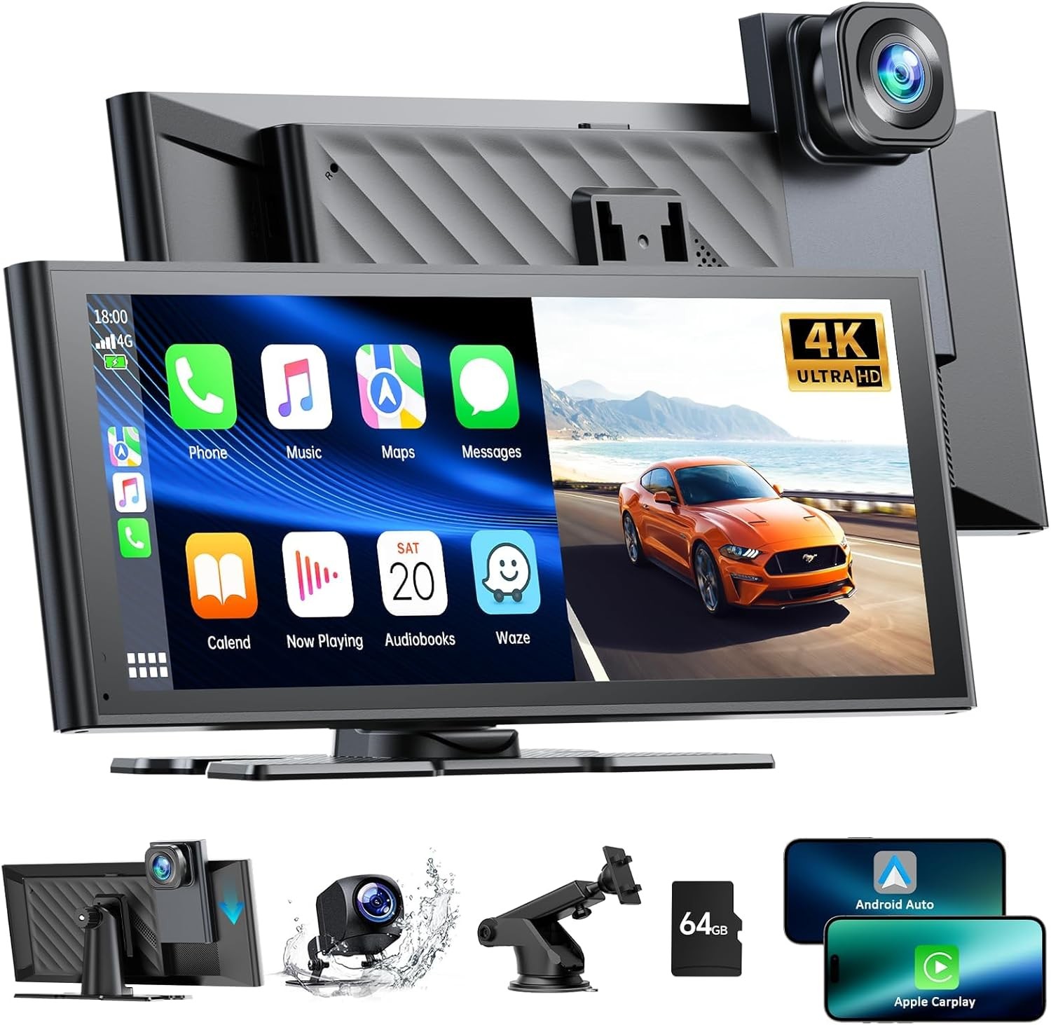 4K+1080P Dash Cam 10.26″Car Stereo Radio Wireless Apple Carplay&Android Auto GPS