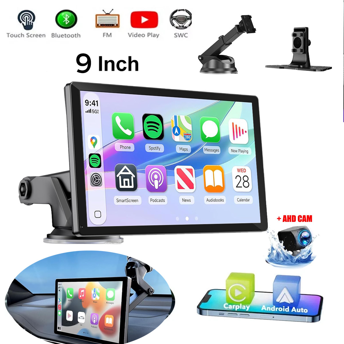 9” Portable Apple CarPlay IPS Touch Screen Car Tablet Android Auto Radio