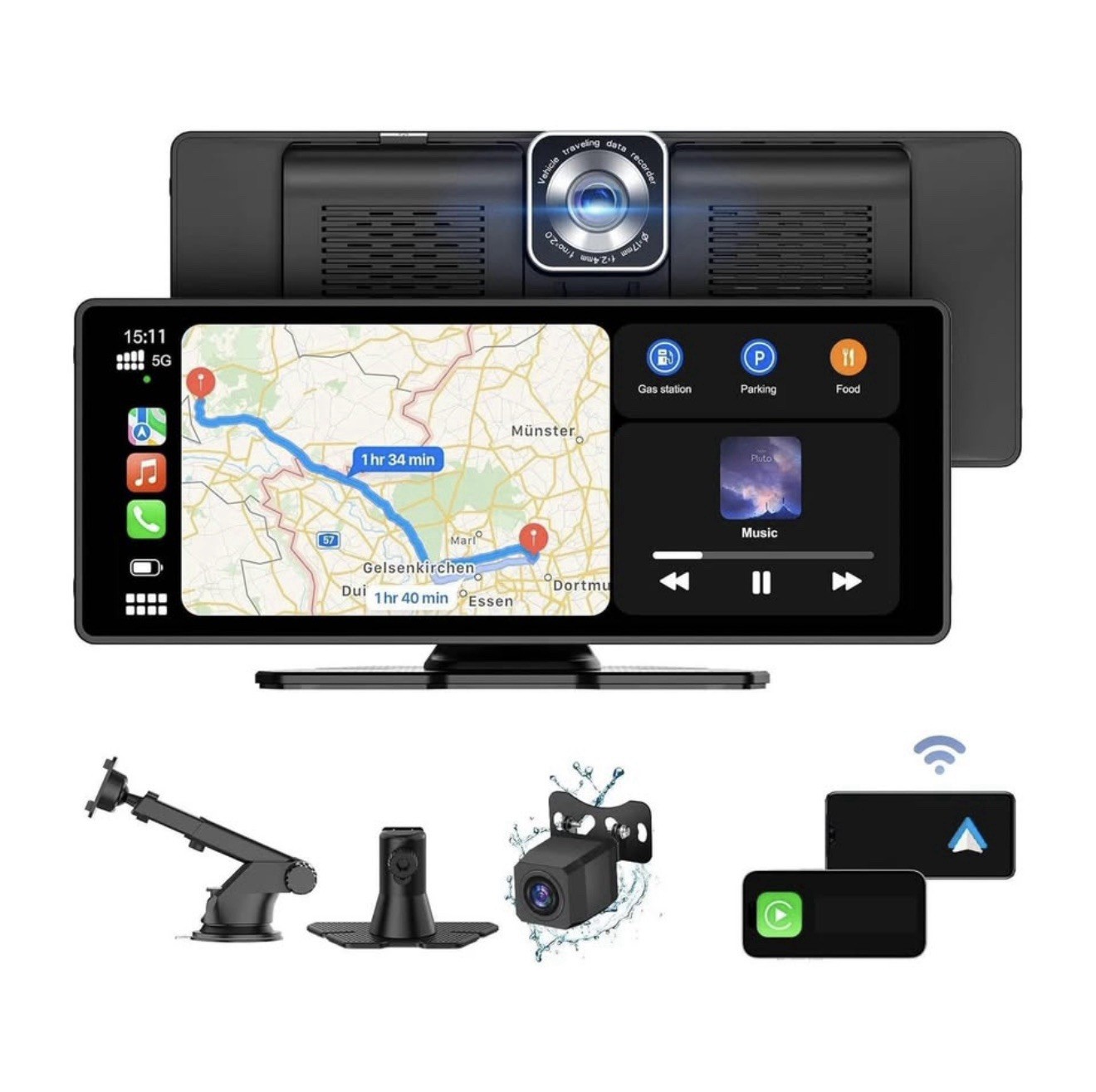 10.26 inch Wireless CarPlay Android Auto Screen Portable Car Stereo 4K Dash Cam