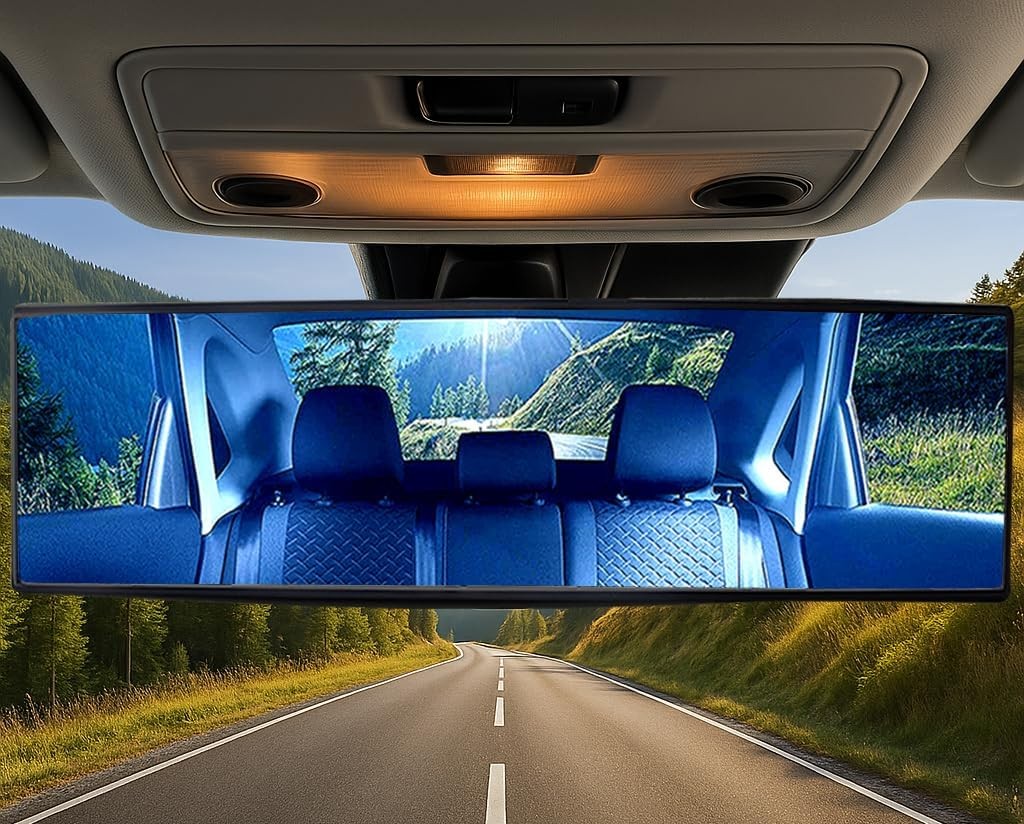Universal 14.2″ Clip On Rear View Mirror, Flat Blue Tint Panoramic Wide Angle HD
