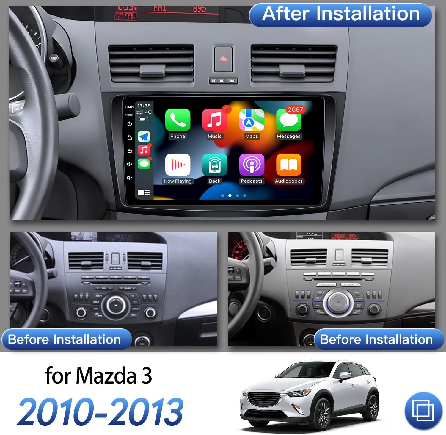 For Mazda 3 2010-2013 Carplay Touch Screen Radio Stereo GPS Navi w/Backup Camera