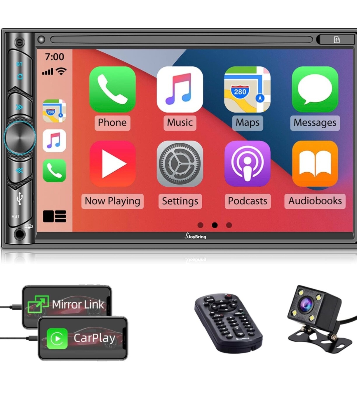 Double DIN CarPlay Multimedia Player, 7″ HD Capacitive Touchscreen, Car Stereo w