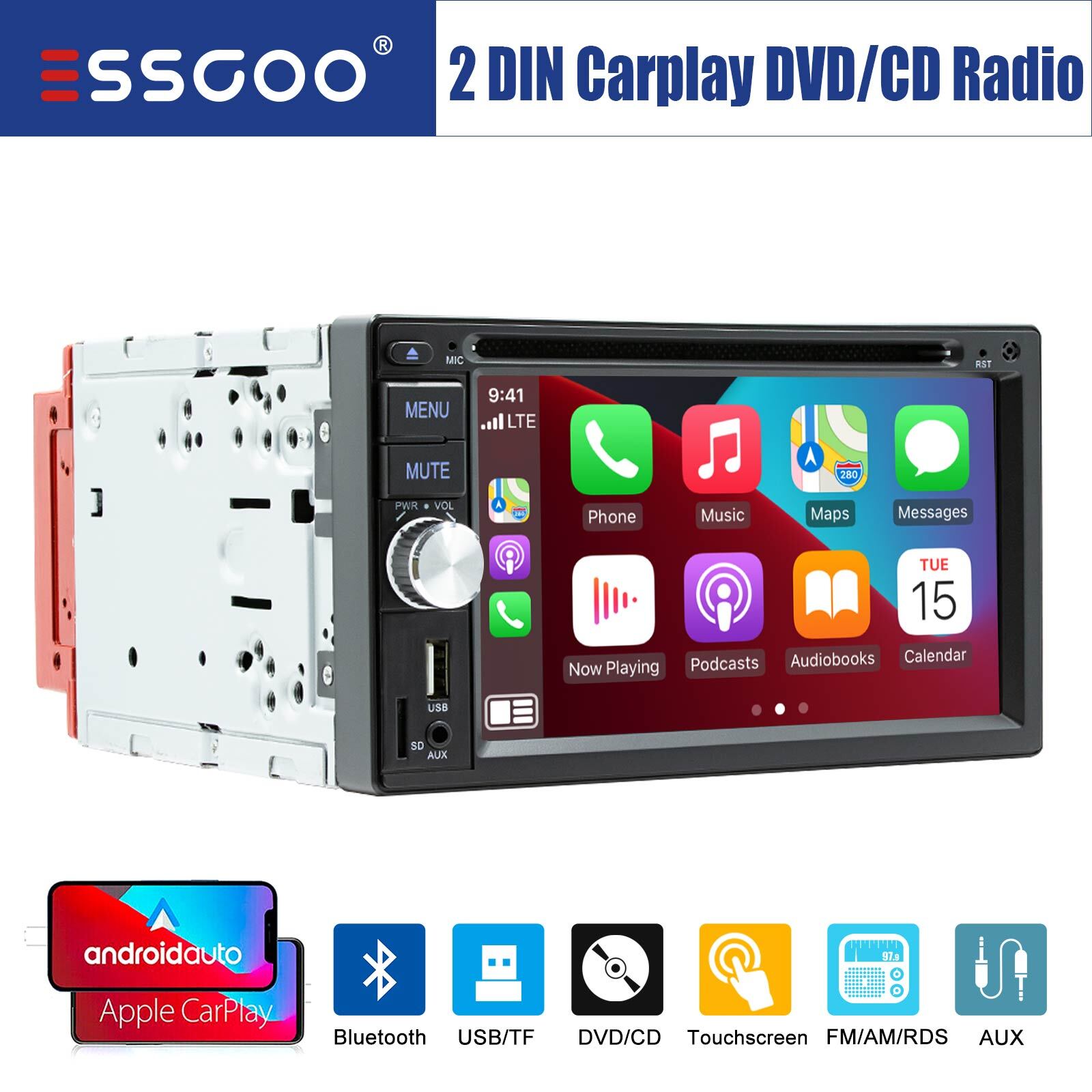 Double 2 DIN Carplay Stereo 6.2″ CD DVD Player FM AM RDS Radio USB AUX-in TF BT