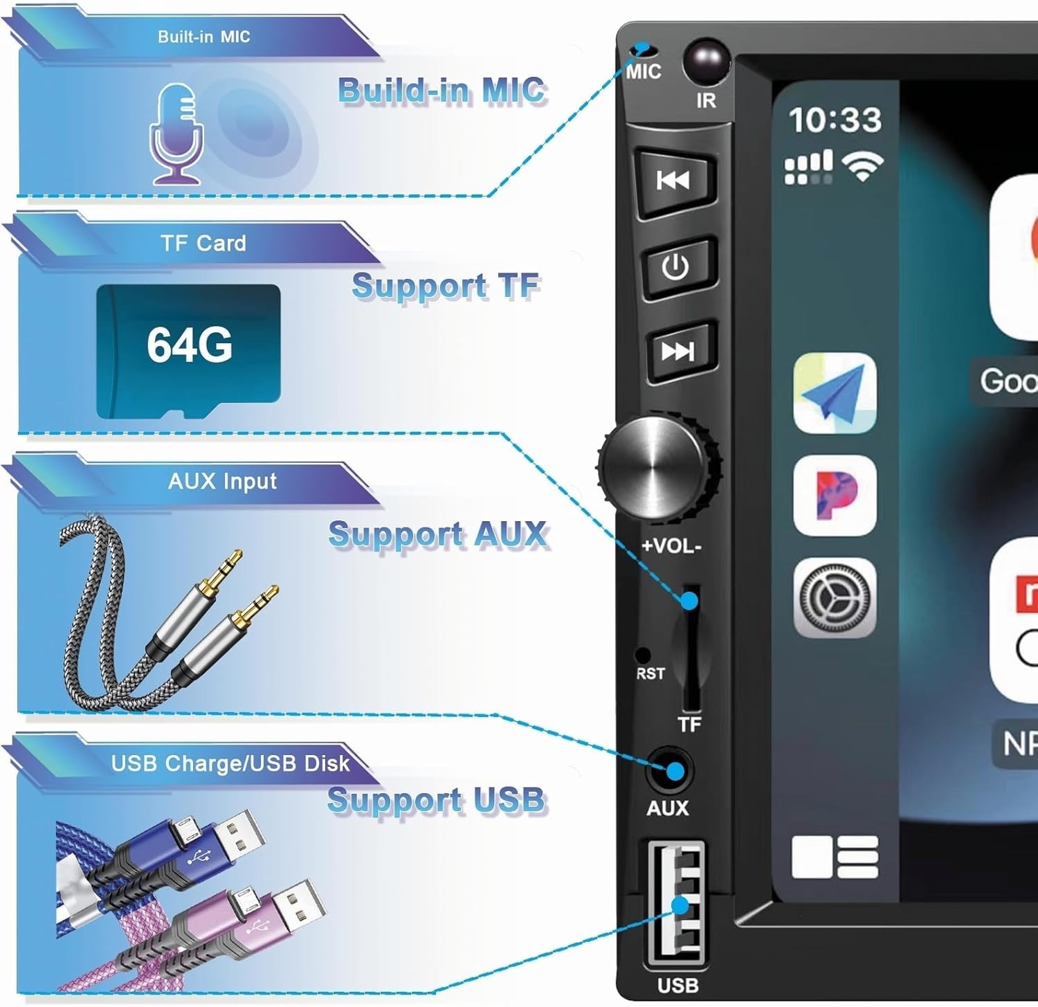 Wireless Double Din Car Stereo Works with Apple Carplay,7 Inch HD 1024 * 600 …